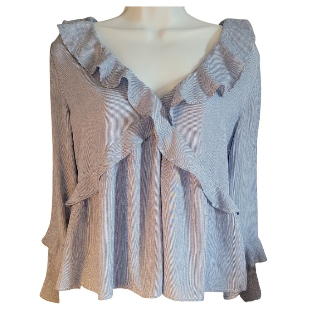 American Eagle Women's Top Ruffled Blue & White Striped Size Small (EUC)